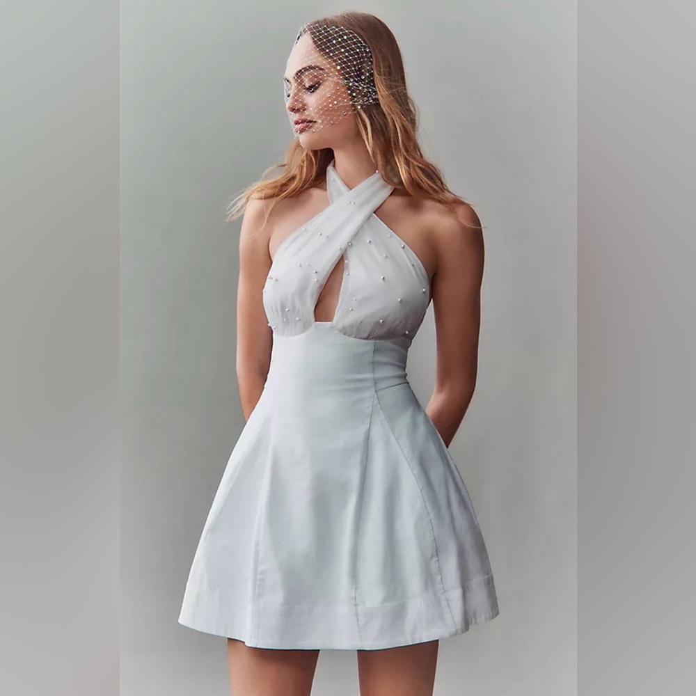 NWT BHLDN Crisscross Halter Pearl-Embellished Mini Wedding Dress, Large